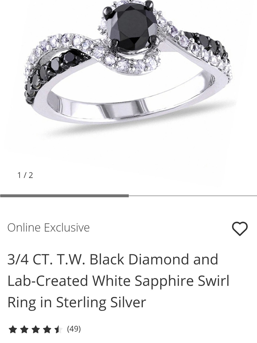 Black Diamond and White Sapphire Swirl Ring in Sterling Silver - Picture 1 of 1